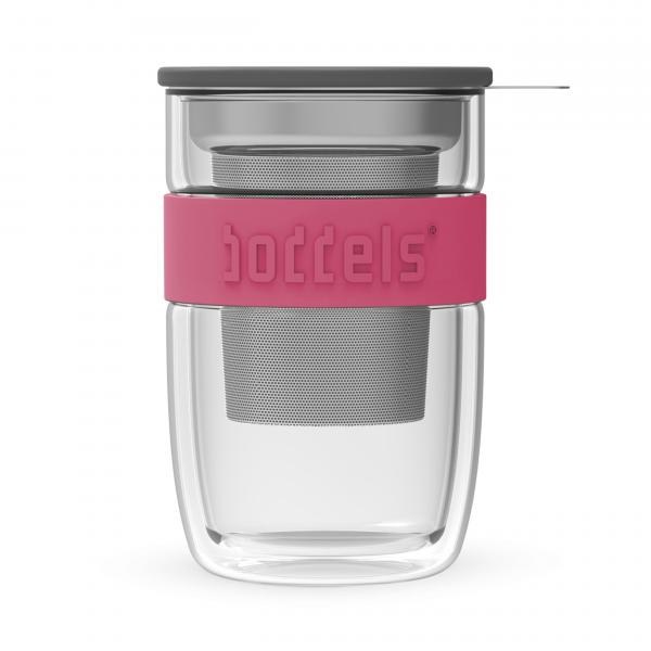 Dubbelw. theeglas met filter Boddels roze